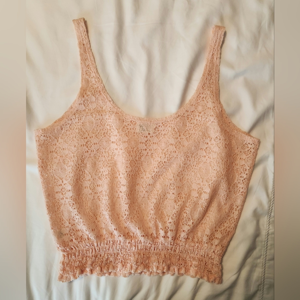 Black Poppy Women's Lace Crop Tank Top with Scoop Neck and Scoop Back Peach Med - Picture 4 of 5